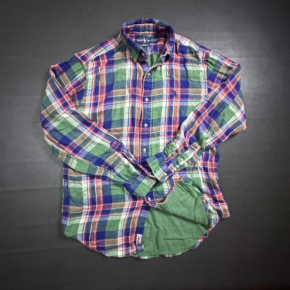 Ralph Lauren Shirt Mens Medium Green Blue Flannel 100% Cotton Skate Plaid Y2k
